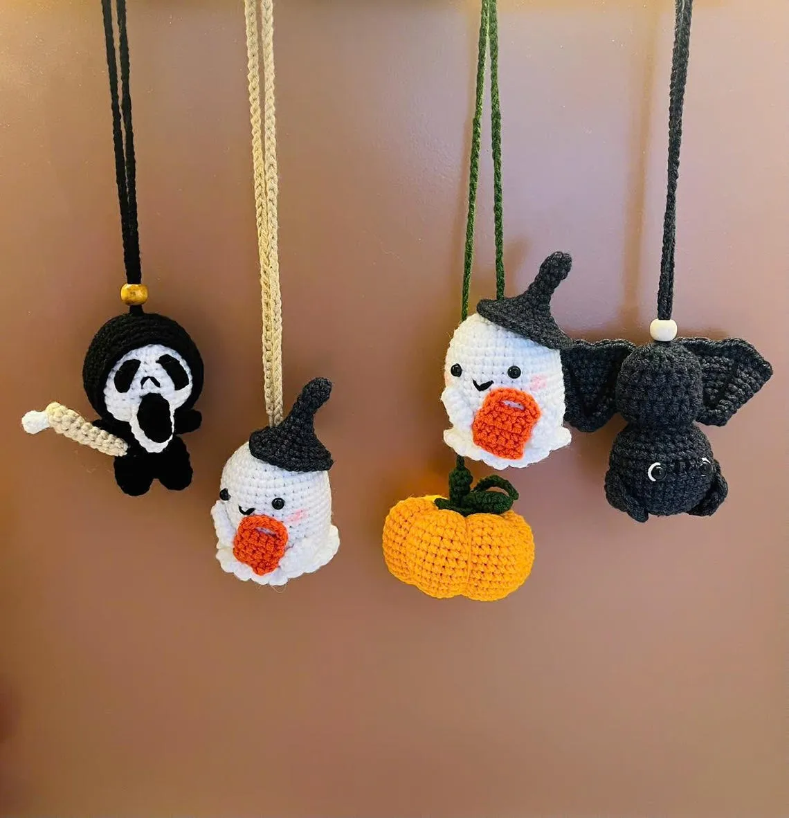 Crochet Halloween Car Charm – Ghost and Pumpkin