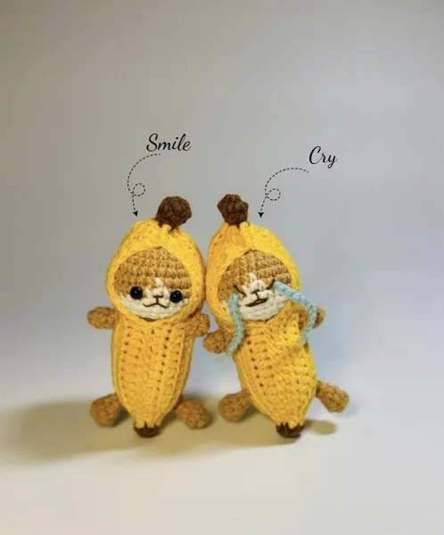 Crochet Banana Cat Plush – Smile & Cry Meme Cat Amigurumi – banana cat